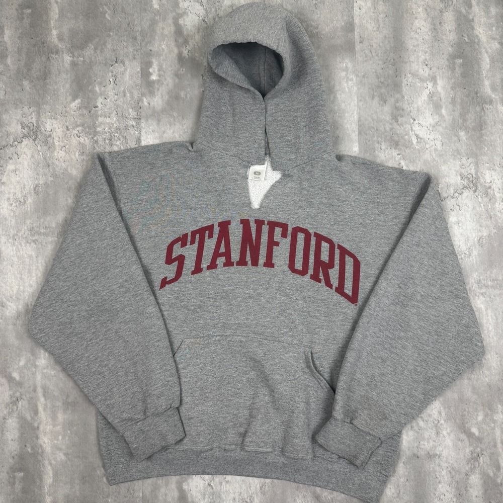 Vintage Stanford University Hoodie Mens M Gray Spell Out Russell Sweatshirt Y2K